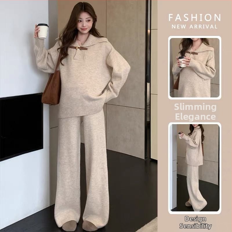 UNMUN kismama szett: kötött felső kasmírszálas gyapjúból és széles nadrág, hosszú ujjak, galléros címke, fő szövet PVC