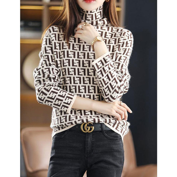 Jacquard gyapjú-nylon keverék pulóver magas gallérral és hosszú ujjú, ősz 2023