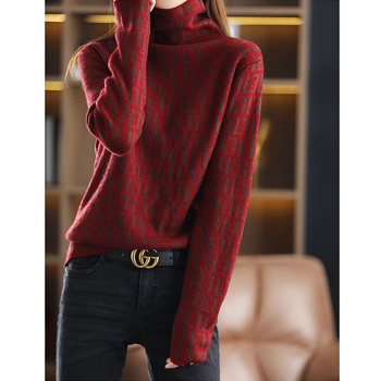 Jacquard gyapjú-nylon keverék pulóver magas gallérral és hosszú ujjú, ősz 2023