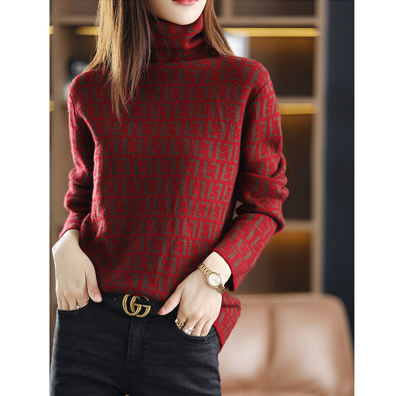 Jacquard gyapjú-nylon keverék pulóver magas gallérral és hosszú ujjú, ősz 2023