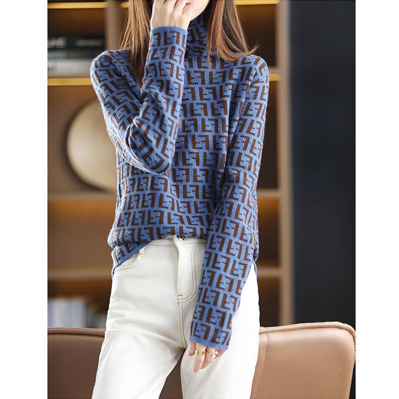 Jacquard gyapjú-nylon keverék pulóver magas gallérral és hosszú ujjú, ősz 2023