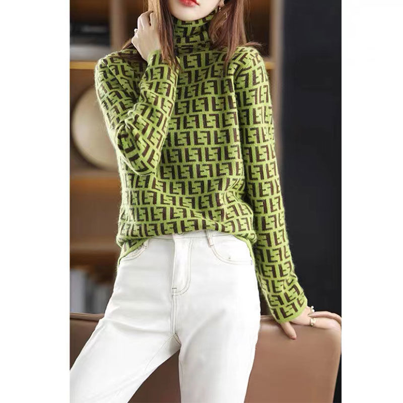 Jacquard gyapjú-nylon keverék pulóver magas gallérral és hosszú ujjú, ősz 2023