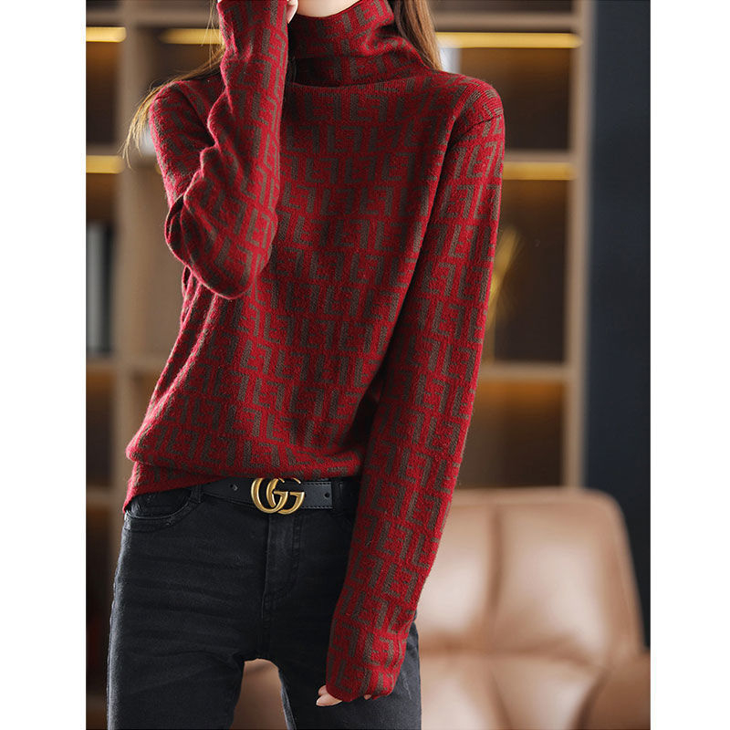 Jacquard gyapjú-nylon keverék pulóver magas gallérral és hosszú ujjú, ősz 2023