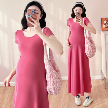 Φόρεμα εγκύου με στρογγυλό λαιμό, μακριά μανίκια, γραμμή Α, ύφασμα πολυεστερ-βαμβάκι