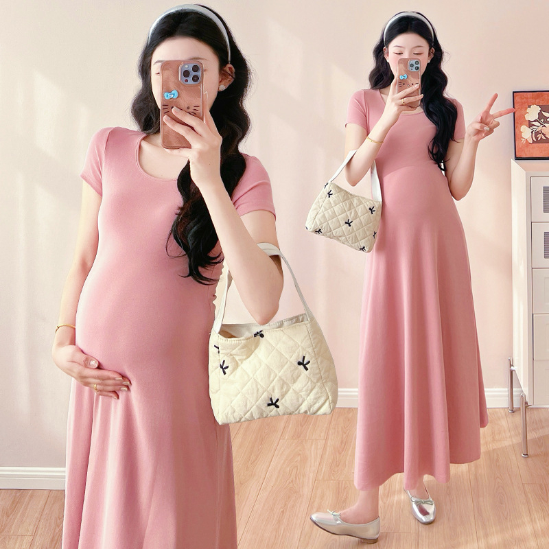 Φόρεμα εγκύου με στρογγυλό λαιμό, μακριά μανίκια, γραμμή Α, ύφασμα πολυεστερ-βαμβάκι