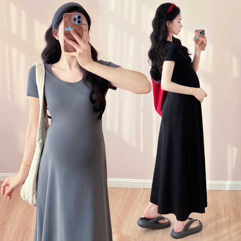 Φόρεμα εγκύου με στρογγυλό λαιμό, μακριά μανίκια, γραμμή Α, ύφασμα πολυεστερ-βαμβάκι