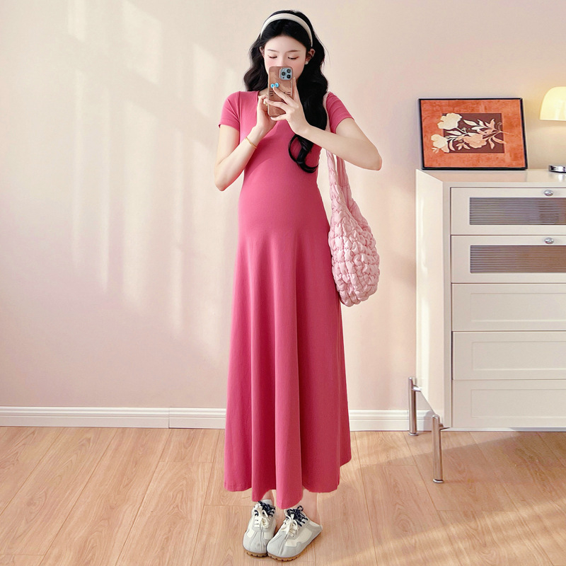 Φόρεμα εγκύου με στρογγυλό λαιμό, μακριά μανίκια, γραμμή Α, ύφασμα πολυεστερ-βαμβάκι