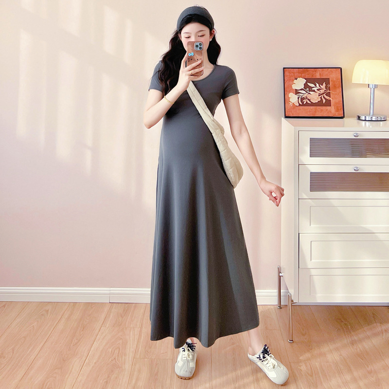 Φόρεμα εγκύου με στρογγυλό λαιμό, μακριά μανίκια, γραμμή Α, ύφασμα πολυεστερ-βαμβάκι