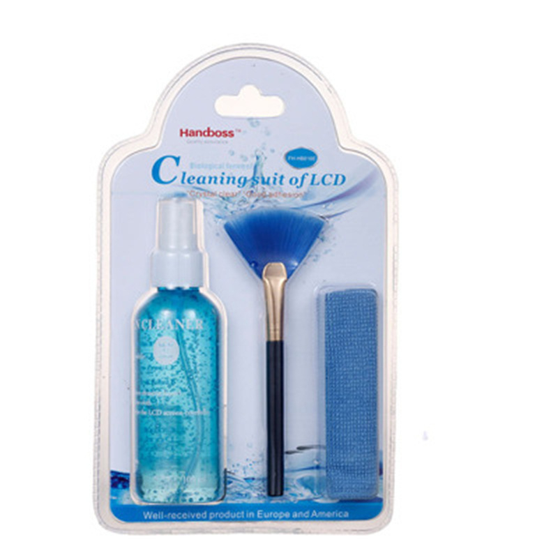 HB-021 Troj-dielny čistiaci set pre notebook, telefón, počítač a digitálnu kameru – tekutina na čistenie obrazovky, OEM spracovanie, tlač loga, balenie papierovou kartou