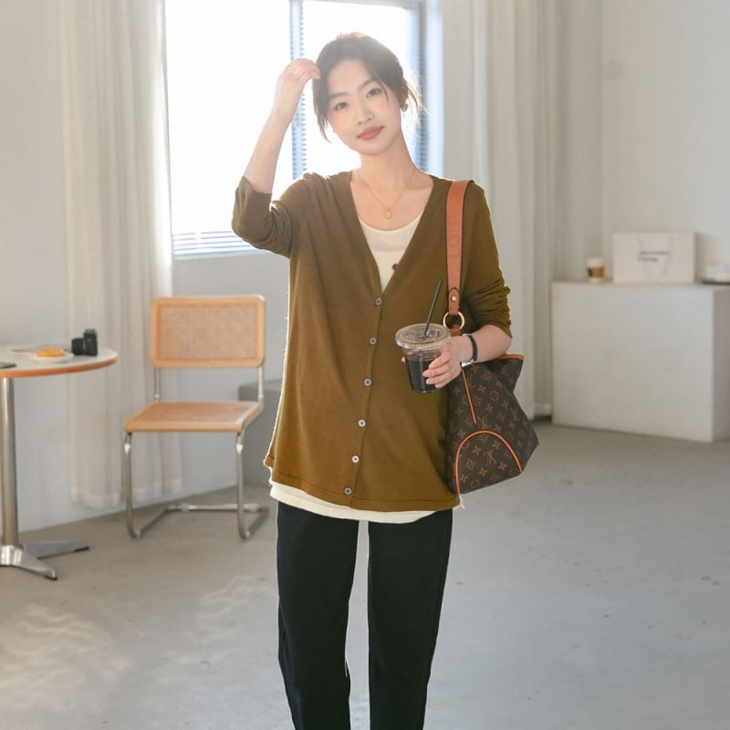 Ρούχα εγκύου: πλεκτό γιλέκο-καρντιγάν με εμφάνιση 2-σε-1, άνοιξη 2023, κορεατικό στυλ, μακριές μανίκια, V-λαιμό, βαμβάκι 50–70%