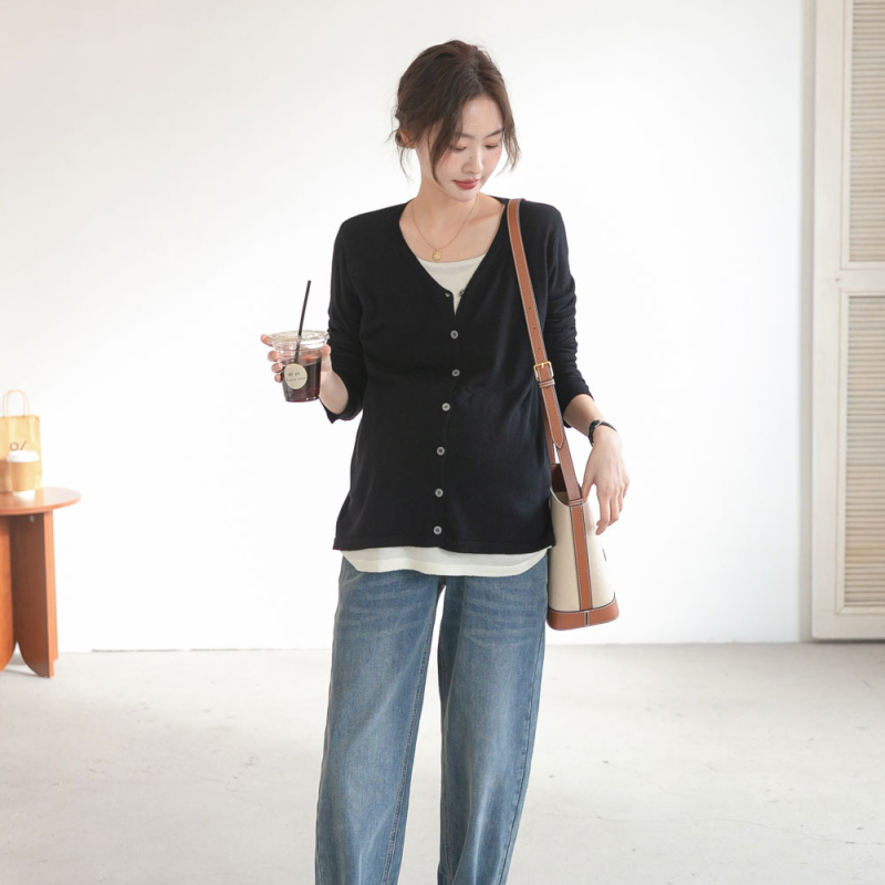 Ρούχα εγκύου: πλεκτό γιλέκο-καρντιγάν με εμφάνιση 2-σε-1, άνοιξη 2023, κορεατικό στυλ, μακριές μανίκια, V-λαιμό, βαμβάκι 50–70%