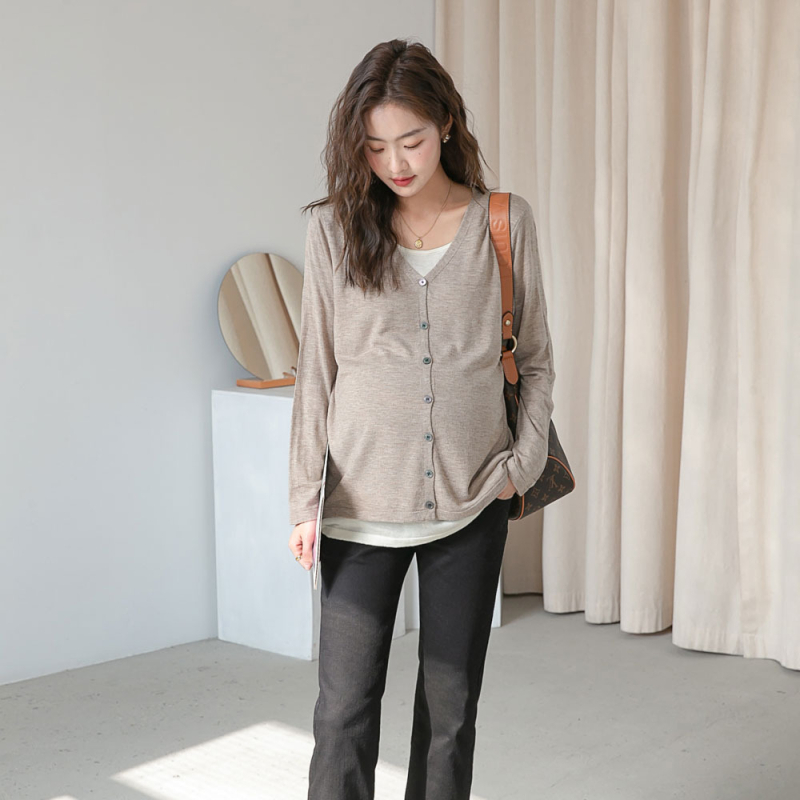 Ρούχα εγκύου: πλεκτό γιλέκο-καρντιγάν με εμφάνιση 2-σε-1, άνοιξη 2023, κορεατικό στυλ, μακριές μανίκια, V-λαιμό, βαμβάκι 50–70%