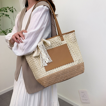 Kézzel készített szalma szövött oldaltáska - városi egyszerű stílus, vízszintes négyzet alak, cipzár, poliészter bélés
