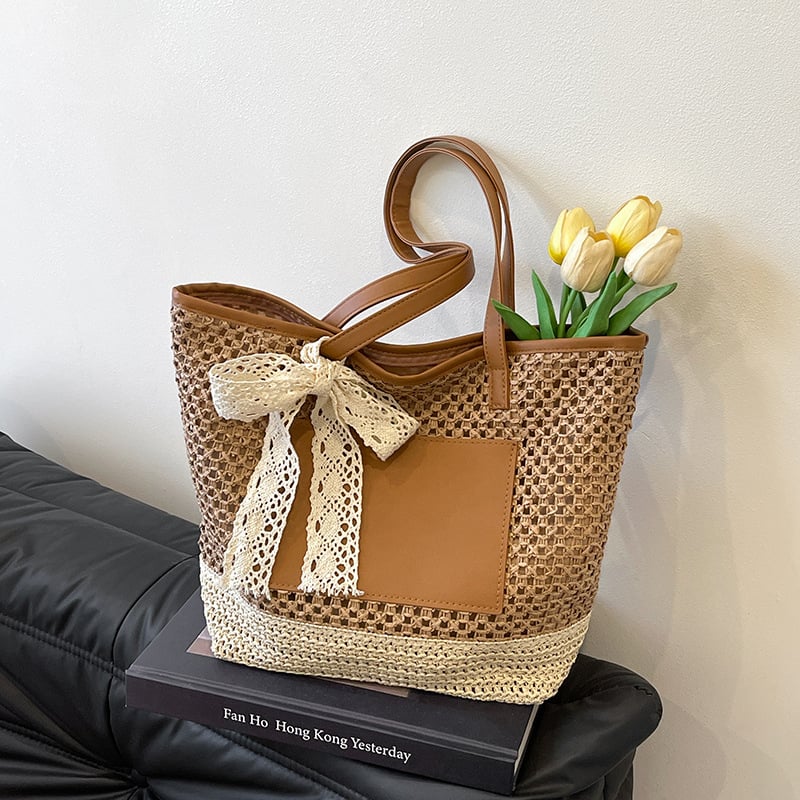 Kézzel készített szalma szövött oldaltáska - városi egyszerű stílus, vízszintes négyzet alak, cipzár, poliészter bélés