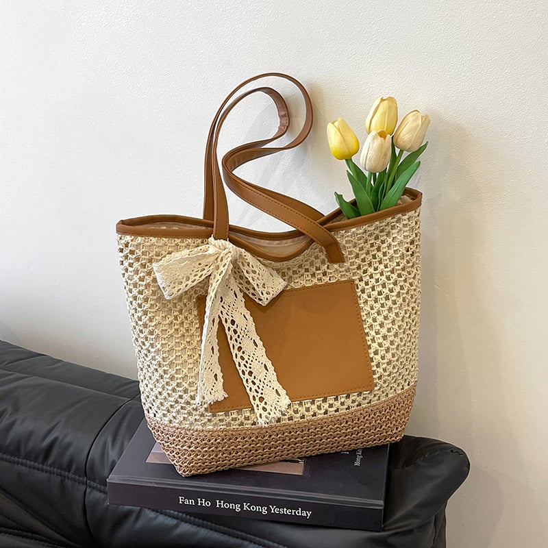 Kézzel készített szalma szövött oldaltáska - városi egyszerű stílus, vízszintes négyzet alak, cipzár, poliészter bélés