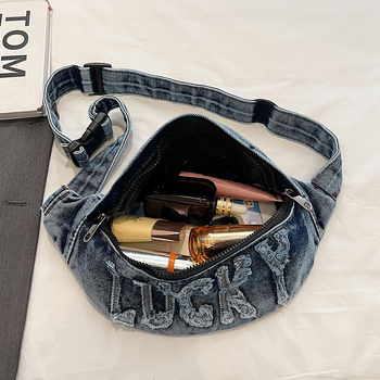 Denim crossbody torba s velikim kapacitetom za telefon, zatvarač, podstava od poliestera, mekan dodir