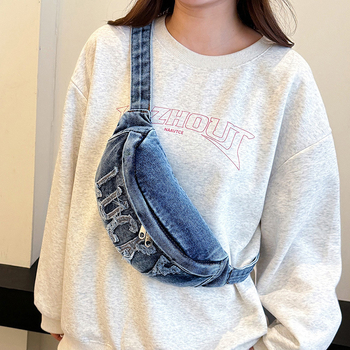 Denim crossbody torba s velikim kapacitetom za telefon, zatvarač, podstava od poliestera, mekan dodir