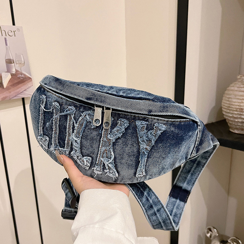 Denim crossbody torba s velikim kapacitetom za telefon, zatvarač, podstava od poliestera, mekan dodir