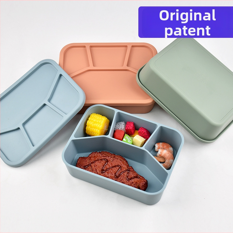 Szilikonból készült ebédes doboz négy rekesszel, mikrohullámú sütőben használható, zárható és hordozható, kapacitás 800–1000 ml