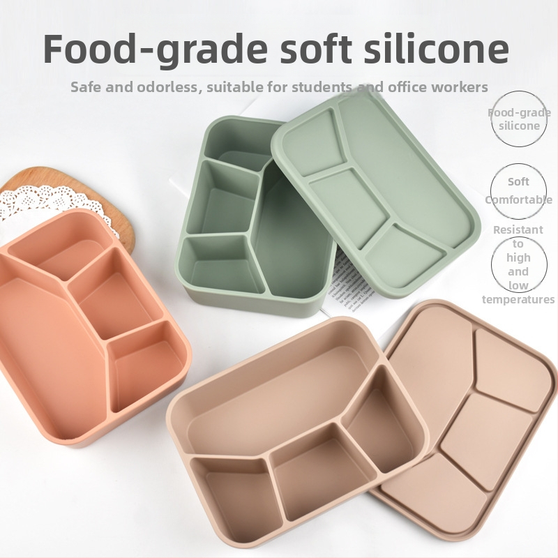 Jedálenský box zo silikónu so štyrmi priečinkami, vhodný do mikrovlnky, uzavierateľný a prenášateľný, objem 800–1000 ml