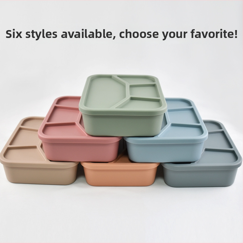 Jedálenský box zo silikónu so štyrmi priečinkami, vhodný do mikrovlnky, uzavierateľný a prenášateľný, objem 800–1000 ml