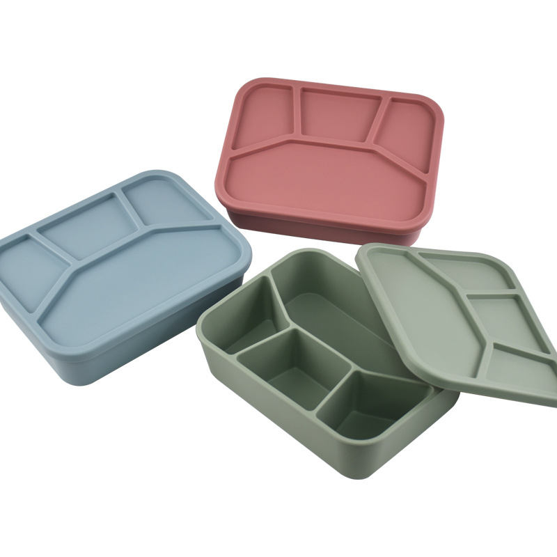 Szilikonból készült ebédes doboz négy rekesszel, mikrohullámú sütőben használható, zárható és hordozható, kapacitás 800–1000 ml