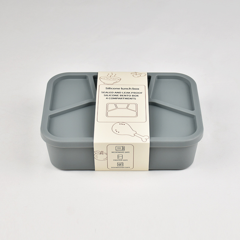 Szilikonból készült ebédes doboz négy rekesszel, mikrohullámú sütőben használható, zárható és hordozható, kapacitás 800–1000 ml