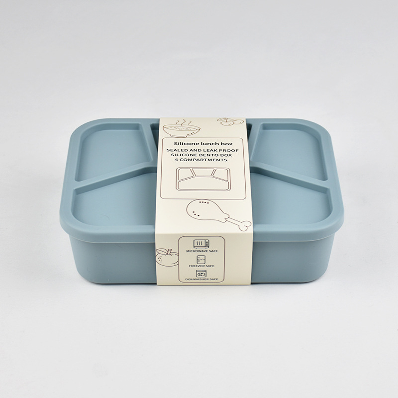 Szilikonból készült ebédes doboz négy rekesszel, mikrohullámú sütőben használható, zárható és hordozható, kapacitás 800–1000 ml