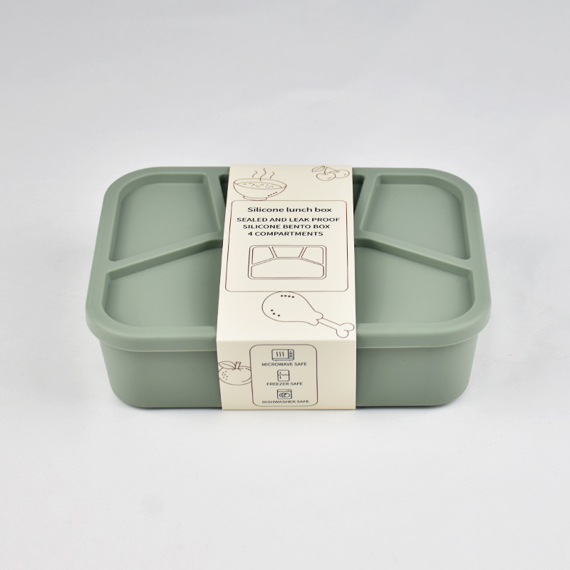 Szilikonból készült ebédes doboz négy rekesszel, mikrohullámú sütőben használható, zárható és hordozható, kapacitás 800–1000 ml