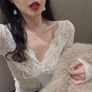 Női csipkés alapréteg felső V-nyakkal, hosszú ujjú, fleece bélés, poliészter anyag