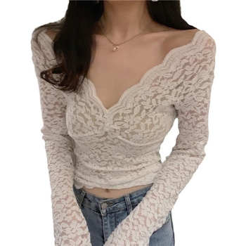 Női csipkés alapréteg felső V-nyakkal, hosszú ujjú, fleece bélés, poliészter anyag