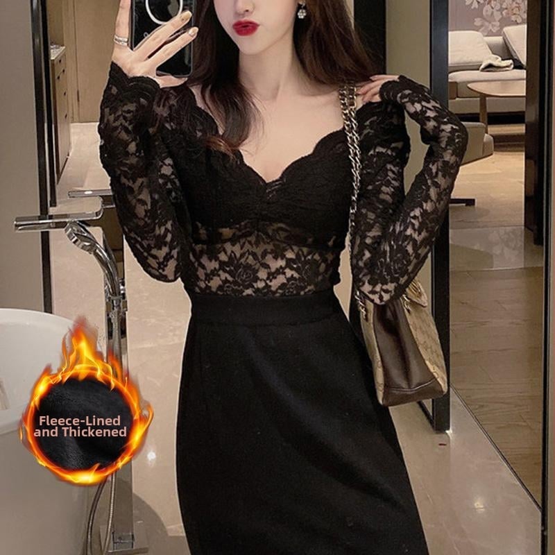 Női csipkés alapréteg felső V-nyakkal, hosszú ujjú, fleece bélés, poliészter anyag