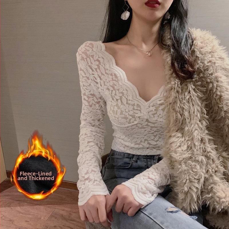 Női csipkés alapréteg felső V-nyakkal, hosszú ujjú, fleece bélés, poliészter anyag