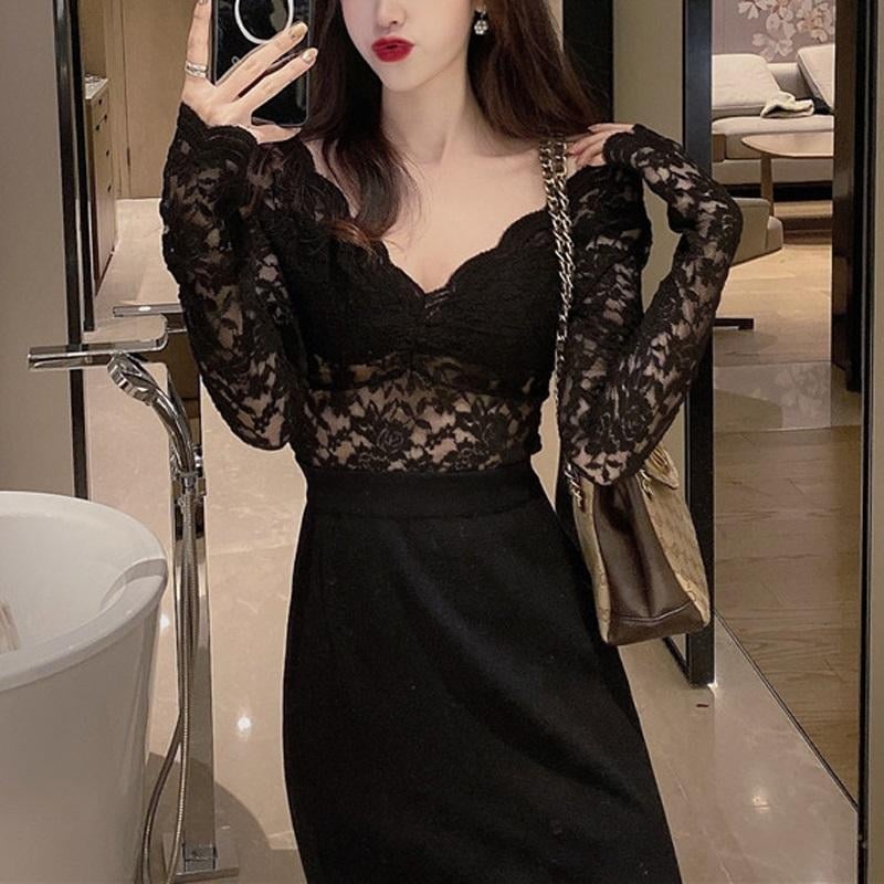 Női csipkés alapréteg felső V-nyakkal, hosszú ujjú, fleece bélés, poliészter anyag