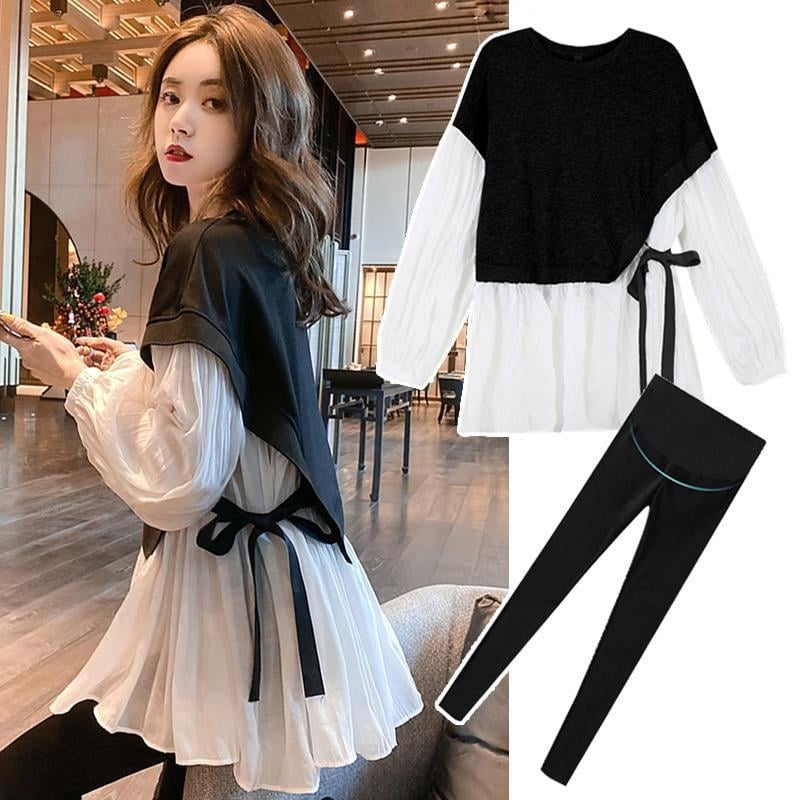 Kismama kosztüm hosszú ujjú, 3/4- hosszú nadrág, chenille anyag, spandex <30%, japán-koreai lazább stílus