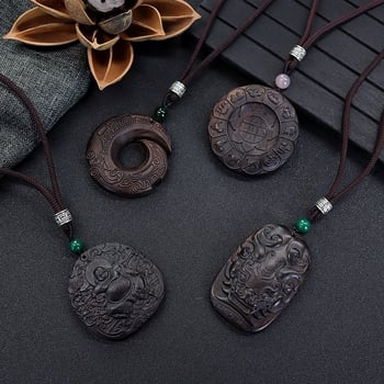 Luo Xiang colier din lemn natural de abanos pentru femei, pandant Pixiu sculptat manual, stil vintage etnic, literar-arte retro