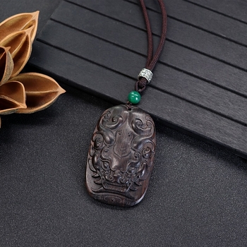 Luo Xiang colier din lemn natural de abanos pentru femei, pandant Pixiu sculptat manual, stil vintage etnic, literar-arte retro