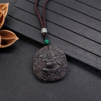 Luo Xiang colier din lemn natural de abanos pentru femei, pandant Pixiu sculptat manual, stil vintage etnic, literar-arte retro