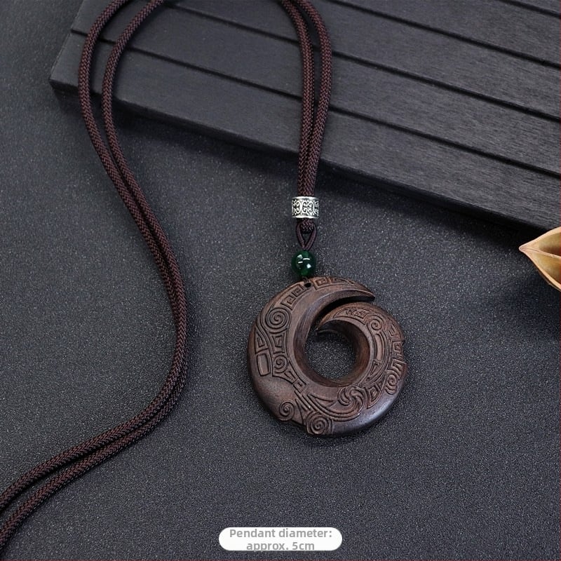 Luo Xiang colier din lemn natural de abanos pentru femei, pandant Pixiu sculptat manual, stil vintage etnic, literar-arte retro