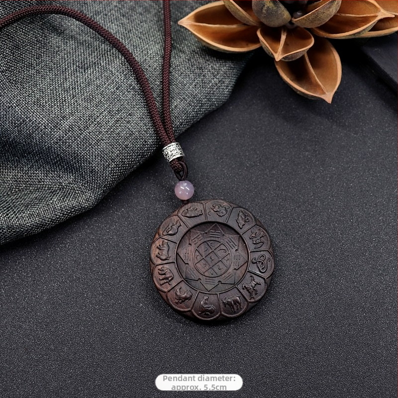 Luo Xiang colier din lemn natural de abanos pentru femei, pandant Pixiu sculptat manual, stil vintage etnic, literar-arte retro