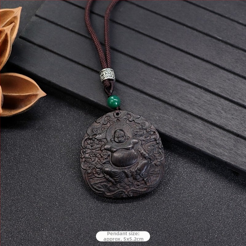 Luo Xiang colier din lemn natural de abanos pentru femei, pandant Pixiu sculptat manual, stil vintage etnic, literar-arte retro