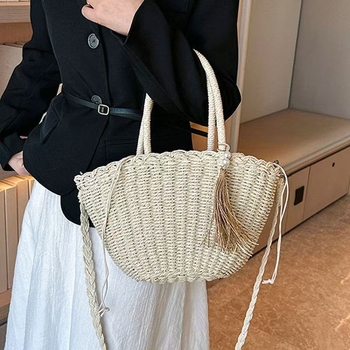 Crossbody torba od slame, oblik školjke, zatvaranje šnurnom uzicom, gradski jednostavan stil (ID pretinac)