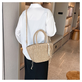 Crossbody torba od slame, oblik školjke, zatvaranje šnurnom uzicom, gradski jednostavan stil (ID pretinac)