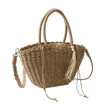 Crossbody torba od slame, oblik školjke, zatvaranje šnurnom uzicom, gradski jednostavan stil (ID pretinac)