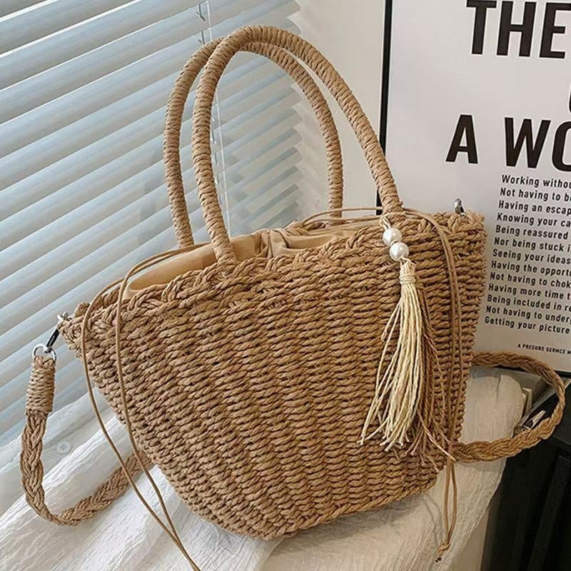 Crossbody torba od slame, oblik školjke, zatvaranje šnurnom uzicom, gradski jednostavan stil (ID pretinac)