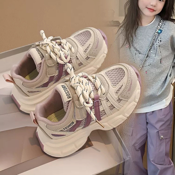 Pantofi sport pentru copii din PU+plasă respirabilă, închidere Velcro, talpă din cauciuc, model cu dungi, primăvară–toamnă