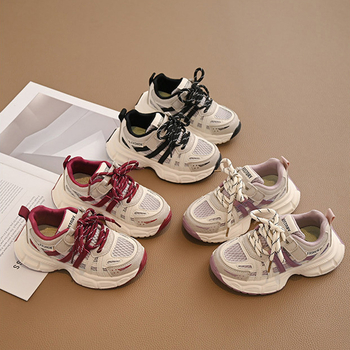 Pantofi sport pentru copii din PU+plasă respirabilă, închidere Velcro, talpă din cauciuc, model cu dungi, primăvară–toamnă