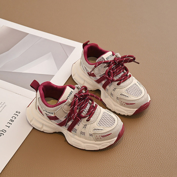 Pantofi sport pentru copii din PU+plasă respirabilă, închidere Velcro, talpă din cauciuc, model cu dungi, primăvară–toamnă