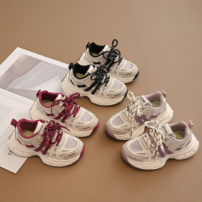 Pantofi sport pentru copii din PU+plasă respirabilă, închidere Velcro, talpă din cauciuc, model cu dungi, primăvară–toamnă