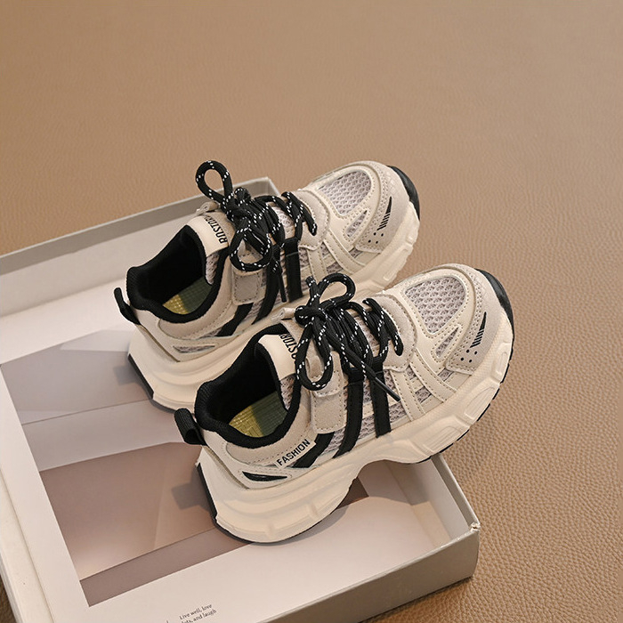 Pantofi sport pentru copii din PU+plasă respirabilă, închidere Velcro, talpă din cauciuc, model cu dungi, primăvară–toamnă